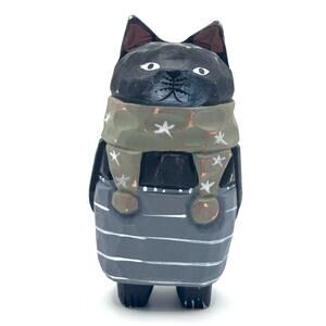 Hand Carved, Handmade, Wooden Black Cat Figurine w/Scarf & Pants, 4.5" Tall, New